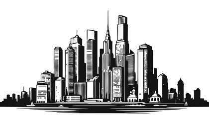 Black and white city skyline illustration with tall buildings  