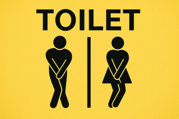 Black and white image of a toilet on a yellow poster.