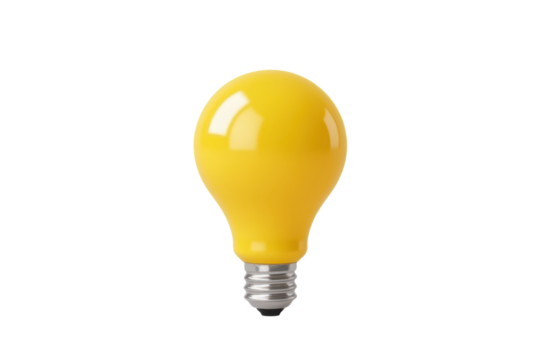 3d plastic cartoon icon of a bright yellow light bulb with soft glow effect, smooth glossy surface, minimal shape, isolated on transparent white background with clipping path.