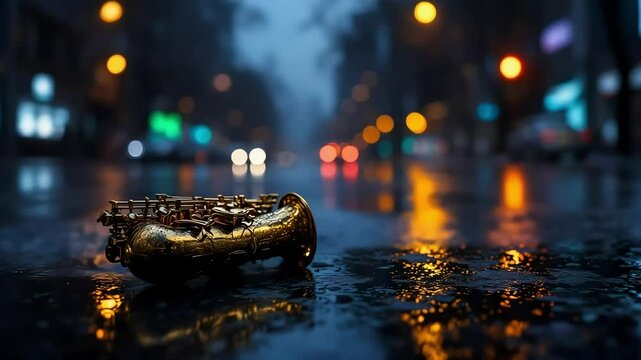 Saxophone lost in rainy city night