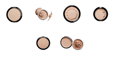 various cosmetic powder compacts arranged on a transparent background showcasing different forms of powder textures and packaging styles in a flat lay composition
