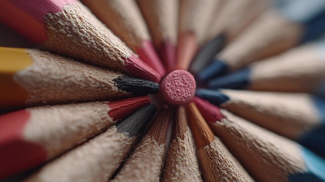 Creative tools Colorful pencils arranged in a circular pattern, showcasing vibrant tips in a blurred perspective.