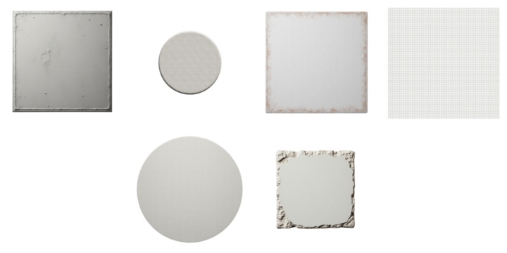 Cement surface textures displayed in various geometric shapes including squares and circles, isolated on transparent background for versatile design applications