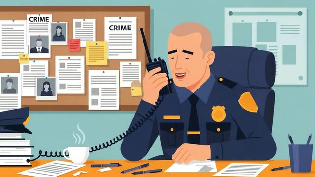 animation of a policeman talking on a handy talkie in his office animation