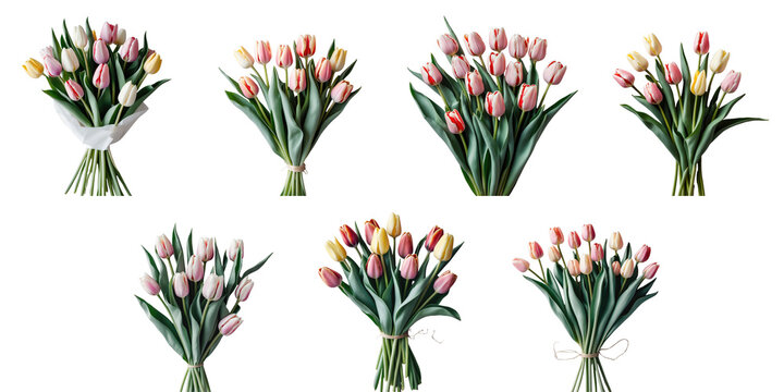 Collection of eight unique bouquets of fresh tulips in various arrangements and colors isolated on a transparent background showcasing their vibrant petals and green leaves