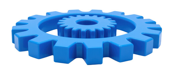 front facing cogwheel in 3d cartoon plastic style, smooth edges and symmetrical teeth, deep blue hue, isolated for business iconography.