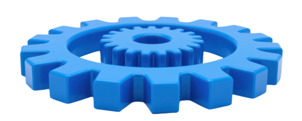 front facing cogwheel in 3d cartoon plastic style, smooth edges and symmetrical teeth, deep blue hue, isolated for business iconography.