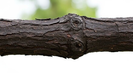 Detailed bark texture on a tree branch against a blurred green background