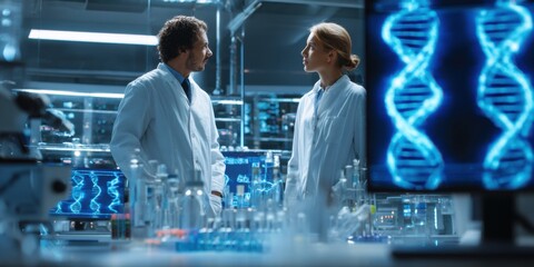 Focused Man and Woman Collaborating in Modern Laboratory Engaged in Scientific Research with Equipment and Technology Exploring Innovations