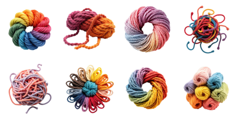 Colorful yarn skeins and clews arranged in various shapes on transparent background displaying multiple colors and textures emphasizing fibers and craftsmanship