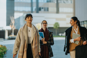 Three professional women having a productive conversation while walking outside near office...
