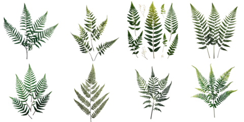 Variety of fern leaves isolated on transparent background featuring multiple species displayed for botanical reference or design purposes