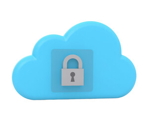 cloud storage icon with small padlock overlay in plastic style, soft 3d blue material, isolated for cyber security stock visuals.