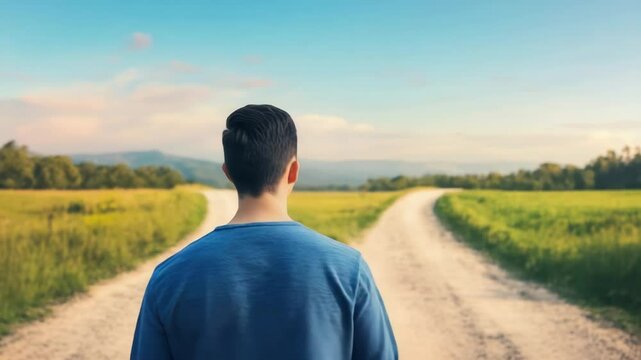 Man rural crossroads facing decision and choice between diverging dirt paths green field landscape, contemplating life&rsquo;s path clear blue sky and distant hills, symbolizing important road decisions