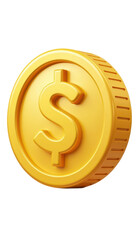 shiny cartoon coin icon with embossed dollar sign, rendered in metallic yellow plastic, ideal for finance apps, isolated with clipping path.