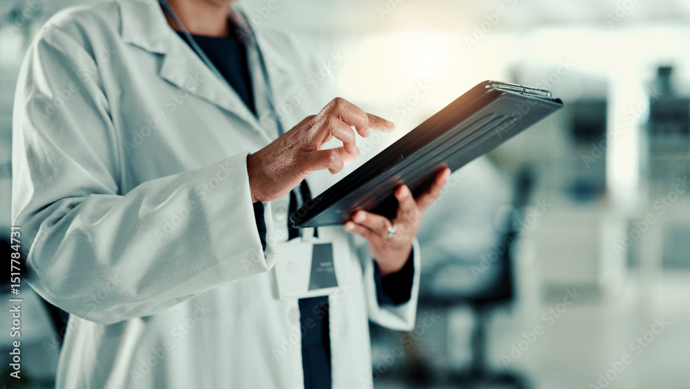 Poster Hands, person and scroll on tablet in lab for medical research, genes function and experiment. Digital, typing and GMO editing for cells study, review report and virus information for vaccine results