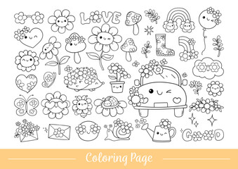 Draw vector illustration coloring page retro flower power Hippie florals Positive vibes Doodle cartoon style