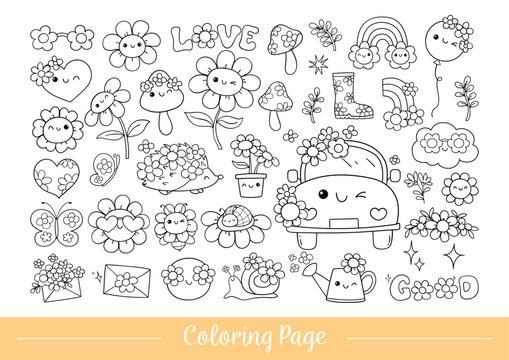Draw vector illustration coloring page retro flower power Hippie florals Positive vibes Doodle cartoon style