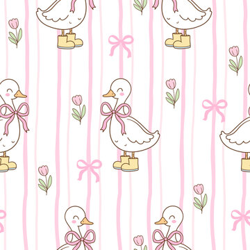 Preppy pink stripe silly goose seamless  pattern Sweet background Printable spring fabric Digital paper