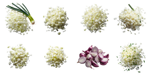 Chopped and diced onions including green onions and red onions arranged in various piles isolated on transparent background for culinary presentations