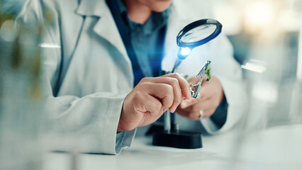 Magnifying glass, plant and science with hands of person for gene function, biology and medical...