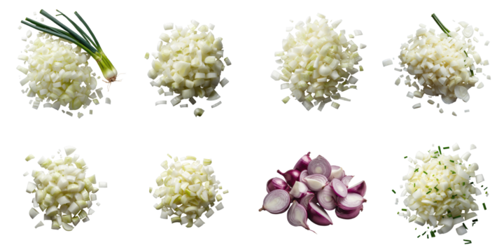 Chopped and diced onions including green onions and red onions arranged in various piles isolated on transparent background for culinary presentations
