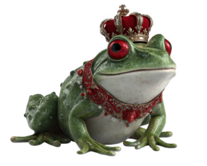Whimsical frog wearing royal crown and adorned with decorative collar, embodying humorous kingly persona. This charming creature captures attention with its vibrant colors and playful expression