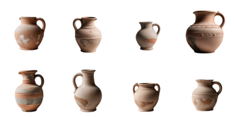Collection of ancient clay jugs and ceramic vases displayed on a transparent background showcasing various shapes and sizes with distinct surface textures and designs