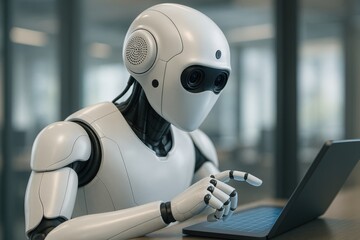 Multimodal AI robot engages with laptop in modern workspace focused on technology