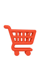 e commerce shopping cart icon in red orange plastic with 3d style, simplified handle and grid basket, floating look on white background.