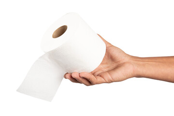 Male hand holding a roll of toilet paper isolated no background cutout