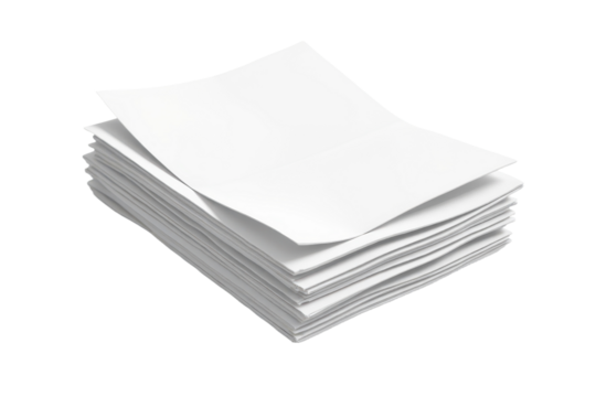 cartoon paper stack icon with top page folded, layered effect in white plastic, suitable for report/document stock use.