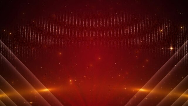 Abstract glittering shiny red particles falling golden stars. luxury shiny glamorous awards ceremony Abstract tail particle falling new year, Christmas festival, award celebration 4K motion background