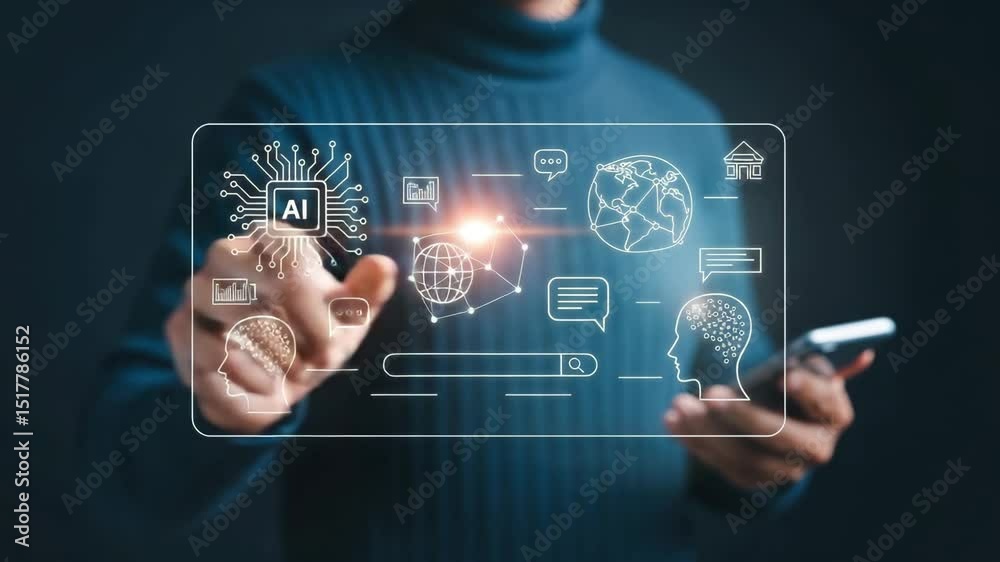 Poster Person interacting with ai interface on screen featuring globe and head outline icons using phone