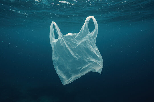 Plastic bag floating in ocean.