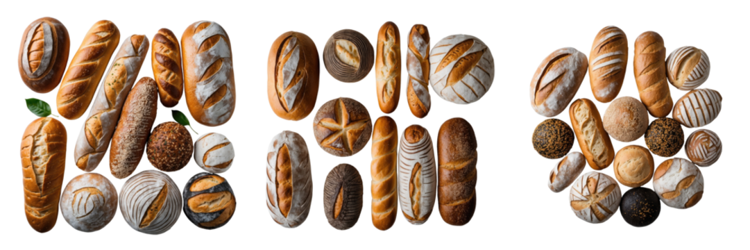 Assorted Brazilian breads featuring various shapes and textures arranged artistically on a transparent background highlighting their crust and details