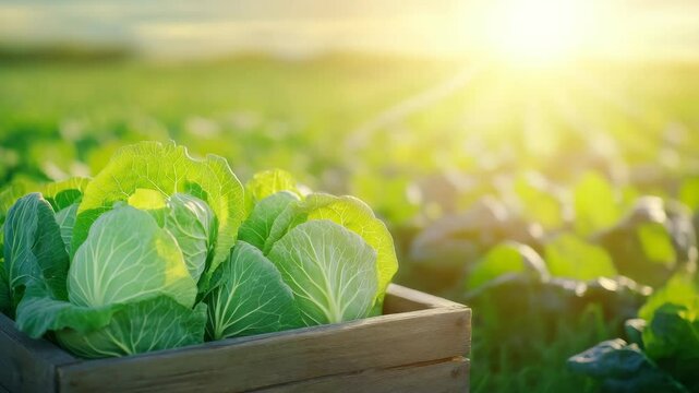 Fresh green cabbage leaves and vibrant organic vegetable harvest in wooden crate on sunlit farm field, healthy green leaf produce from rural agriculture, fresh cabbage field harvest