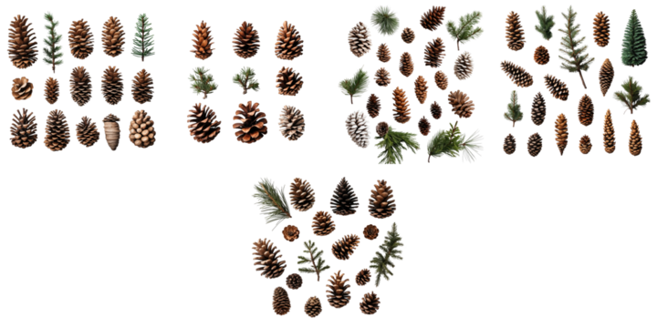 Variety of isolated cones from spruce, pine, cedar, cypress, larch, sycamore, and other coniferous trees on transparent background with detailed texture and colors