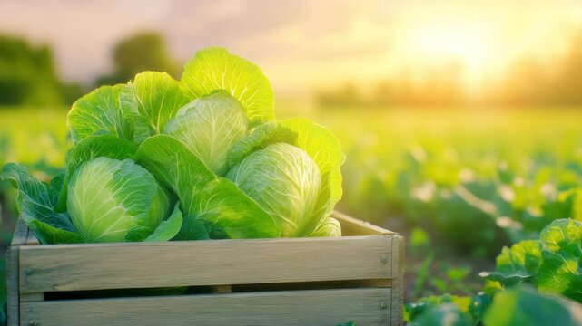 Fresh green cabbage wooden crate vibrant farm field sunrise, organic vegetable harvest with glistening leaves, healthy agriculture and peaceful rural atmosphere, symbolizing fresh organic farm