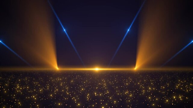 luxury empty display podium for luxury product presentation Digital Gold Wave light abstract background with shining flare stars dust. Futuristic glittering Luxury golden sparkling on black background