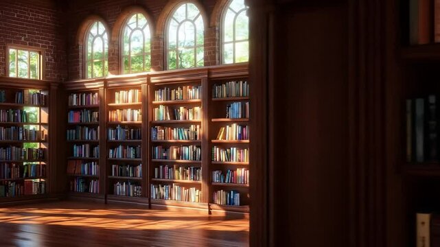 Sunlit library with wooden bookshelves filled with diverse books, lined with large arched windows that let in natural light.  Warm, spacious interior with hardwood floors