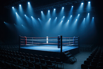 Boxing ring with boxers fighting.