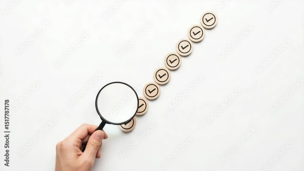 Poster Hand holding magnifying glass over target with check marks in a row on a white background