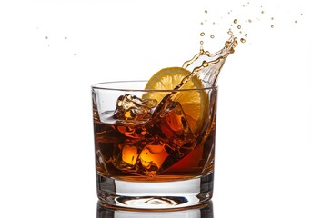 Refreshing whiskey cocktail with ice and lemon slice creating splash moment
