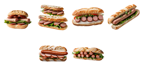 assorted french sandwiches with smoked sausage and chicken in transparent baguette isolated on transparent background showcasing various fillings and presentations