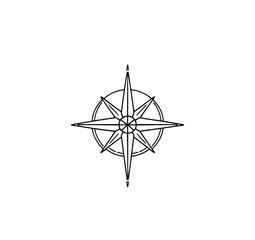 Compass Rose Line Art: A minimalist black and white line art illustration of a compass rose, symbolizing guidance and direction, perfect for navigational designs.