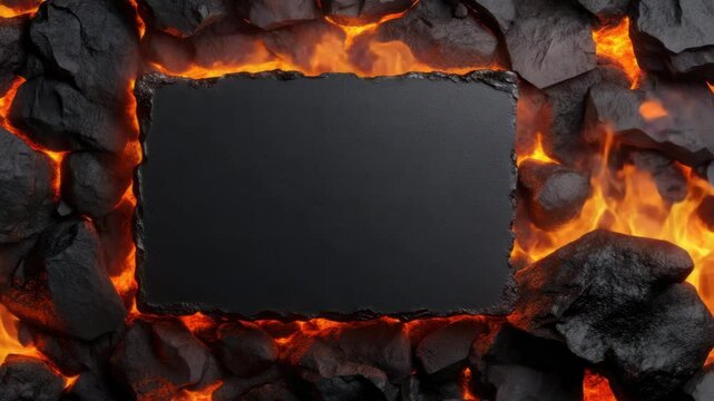 Black stone slab surrounded by hot burning coals, glowing lava rocks, and bright orange flames, creating dramatic, intense, and energetic fiery background with heat and fire, perfect for barbecue