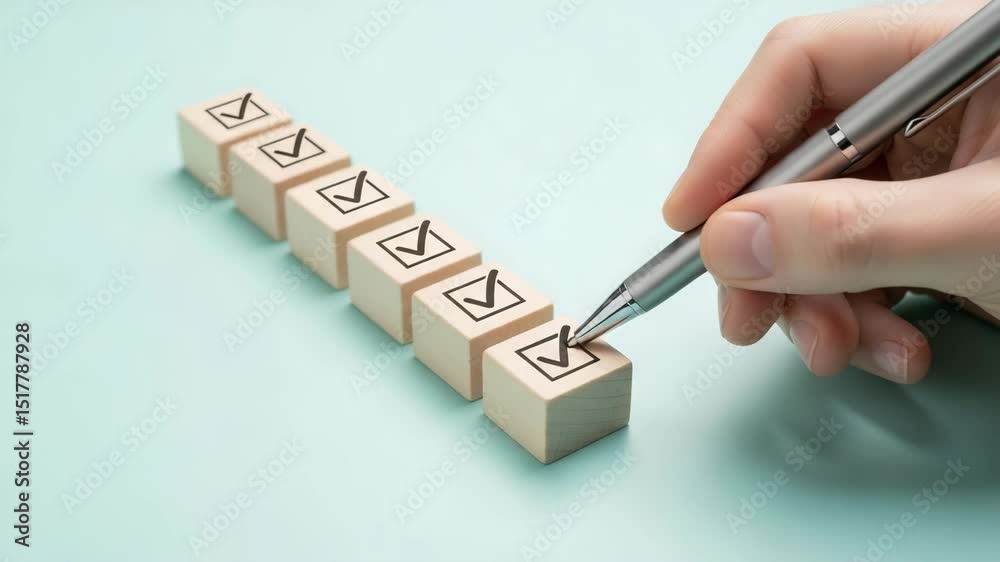 Poster Hand with pen marking wooden blocks with check marks on a light blue surface in a close up view