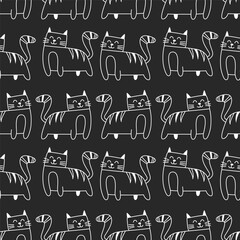 Seamless pattern with cats. Outline. Dark background. Monochrome
