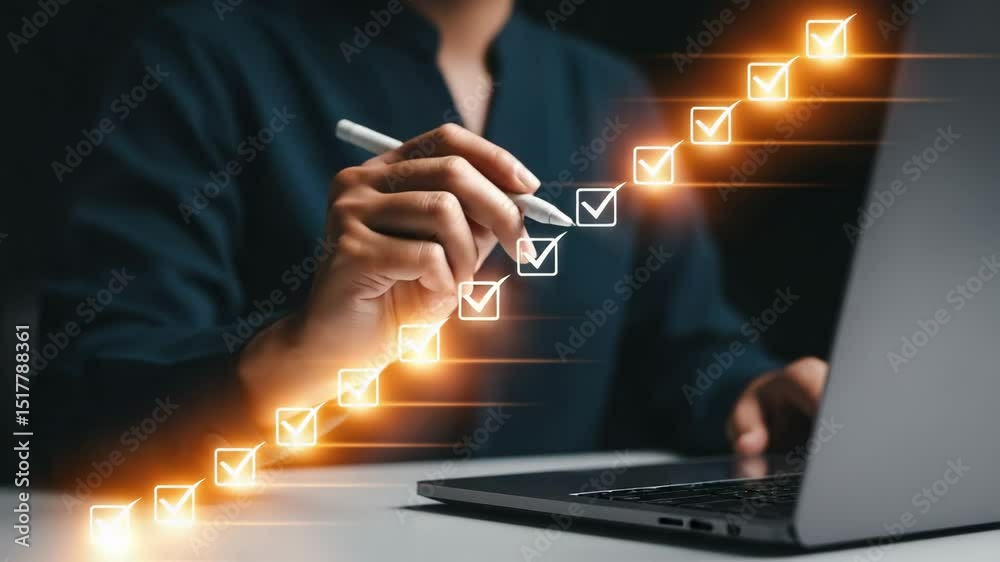 Poster A person completing a digital checklist on a laptop with a stylus and glowing checkmarks rising up